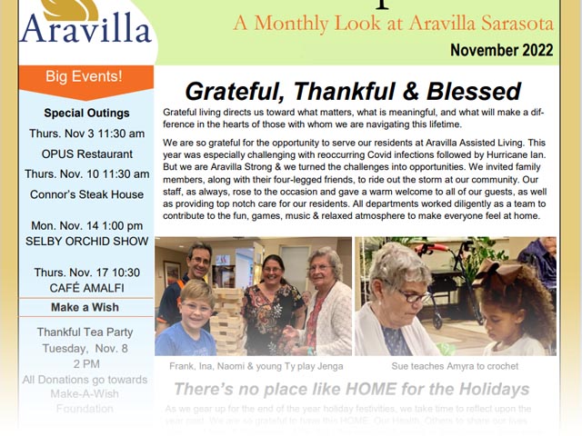 assisted living Aravilla Sarasota novmeber 2022 newsletter