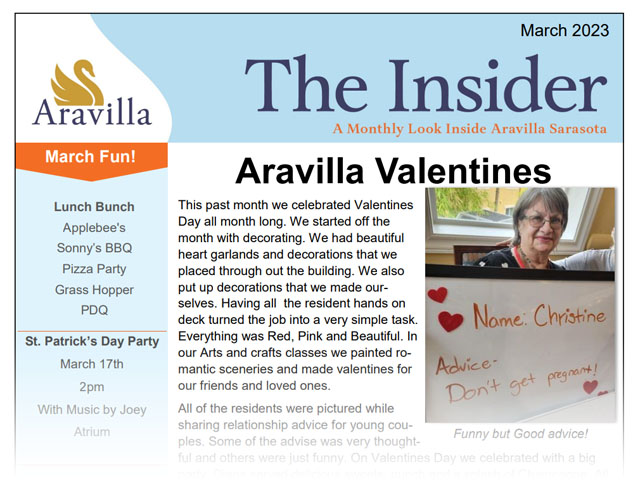 Memory Care Aravilla Sarasota newsletter March 2023
