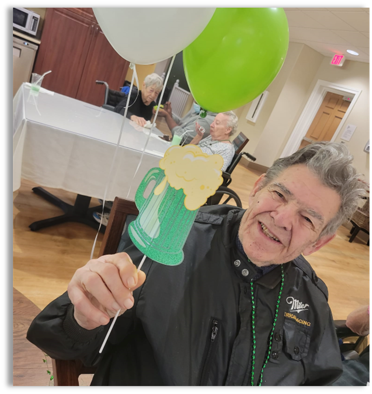 memory care resident with balloons