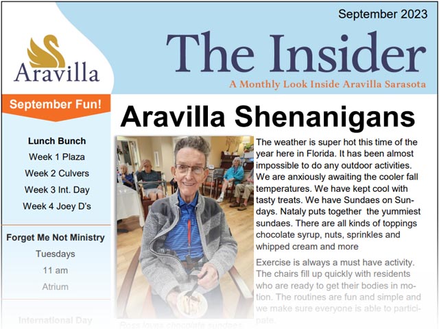 memory care newsletter September 2023 Aravilla Sarasota