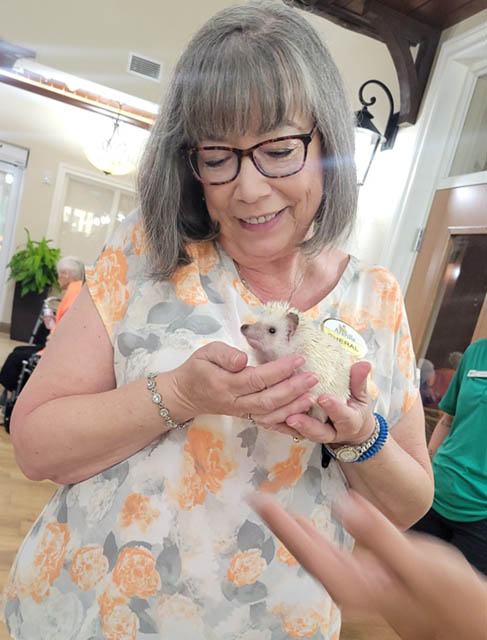 senior resident holding a hedgehog